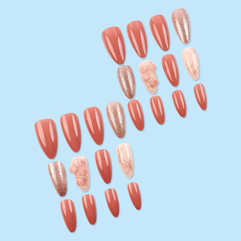 ASABITE 24 Pcs Pink Valentine’s Day Press on Nails Almond Medium Fake Nails with Glue 3D Flower False Nails with Pearl Design Glitter Full Cover Valentines Nails Reusable Stick on Nails for Women Spring Nails - Image 4
